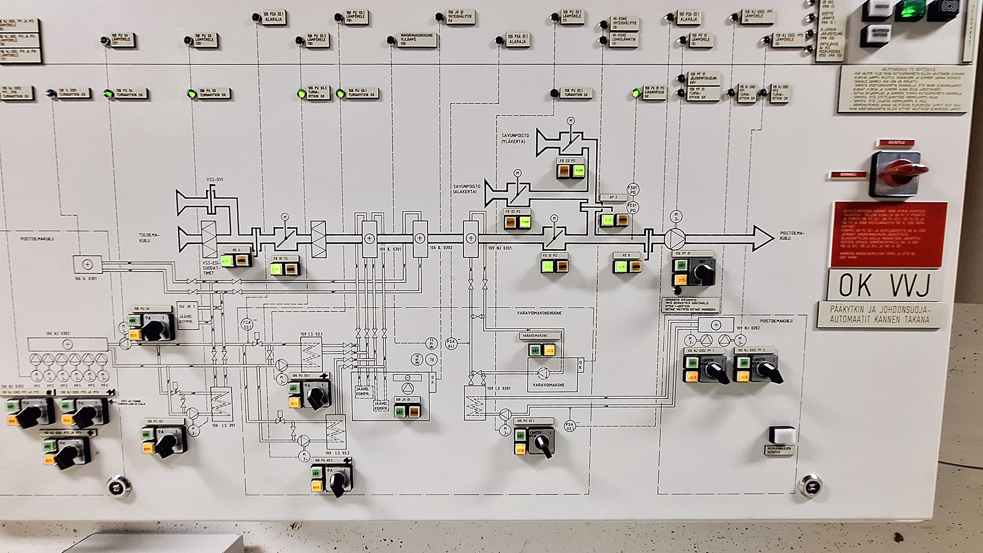Ilmanvaihdon ja savunpoiston säätöpaneeli.