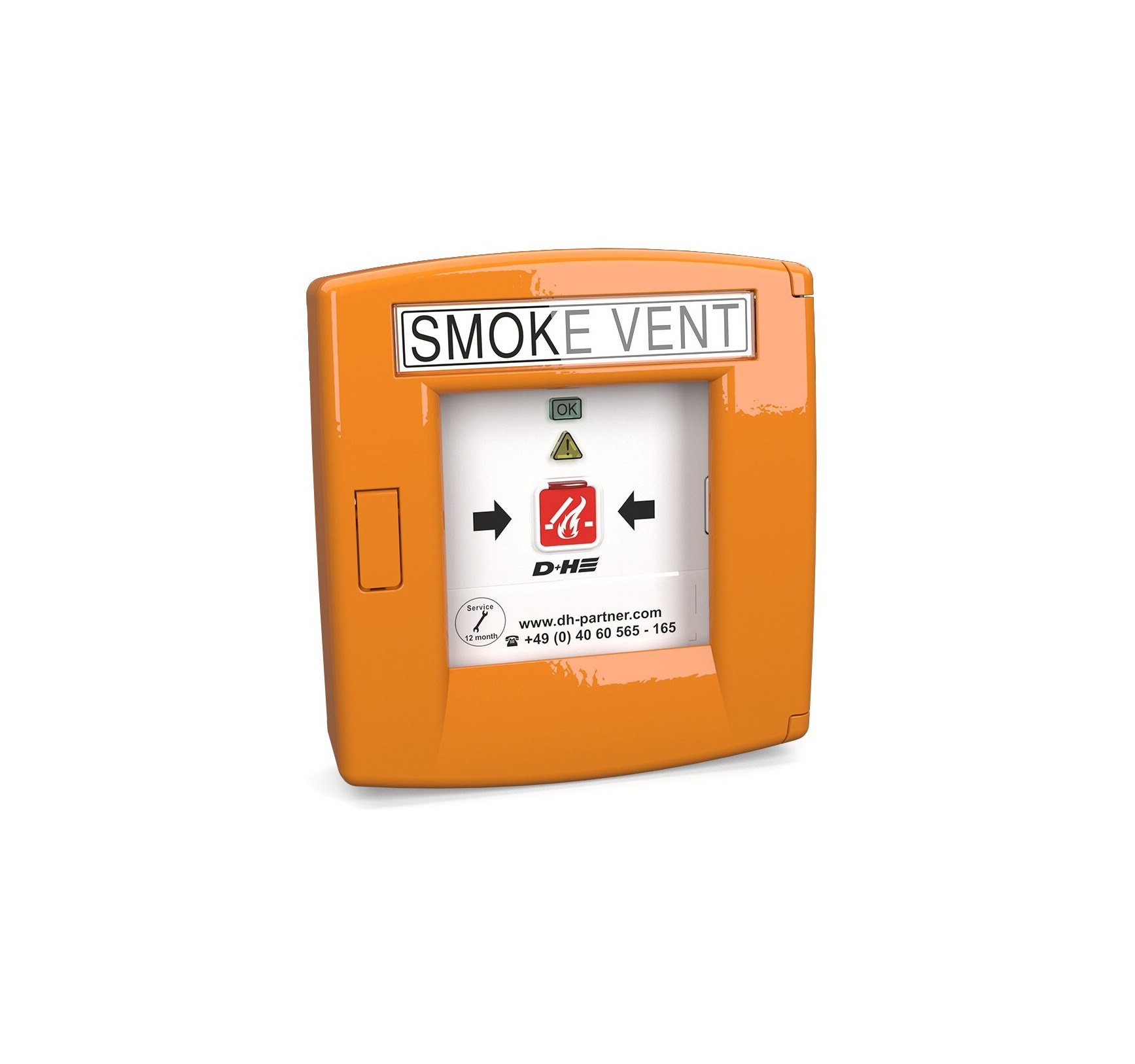 Savunpoistopainike. Oranssi lukittava metallikotelo, jossa punainen painike.